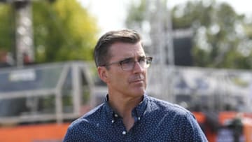 ESPN College Gameday's host Rece Davis answers questions to the media during a press conference at Jack Trice Stadium Parking lot Friday, Sept. 10, 2021, in Ames, Iowa.