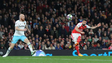 LONDON, ENGLAND - APRIL 05: Olivier Giroud scores the 3rd Arsenal goal during the Premier League match between Arsenal and West Ham United at Emirates Stadium on April 5, 2017 in London, England. (Photo by Stuart MacFarlane/Arsenal FC via Getty Images)