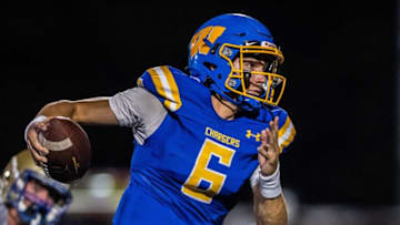 Westview's quarterback Ty Simpson (6) enters the end zone scoring Westview's fourth touch down before halftime during a game against Westview on Friday, Oct 8, 2021 in Martin, Tenn.Jtn Huntingdonvswestview2021