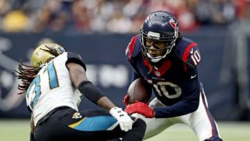 Jan 3, 2016; Houston, TX, USA; Houston Texans wide receiver DeAndre Hopkins (10) looks to get by Jacksonville Jaguars cornerback Davon House (31) during the second half at NRG Stadium. Mandatory Credit: Kevin Jairaj-USA TODAY Sports