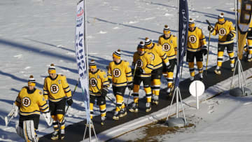 STATELINE, NEVADA - FEBRUARY 21: The Boston Bruins head to the ice prior to the 'NHL Outdoors At Lake Tahoe' game against the Philadelphia Flyers at the Edgewood Tahoe Resort on February 21, 2021 in Stateline, Nevada. (Photo by Christian Petersen/Getty Images)
