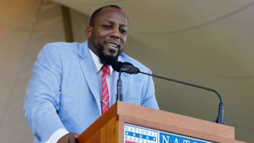 COOPERSTOWN, NY - JULY 29: Vladimir Guerrero gives his induction speech at Clark Sports Center during the Baseball Hall of Fame induction ceremony on July 29, 2018 in Cooperstown, New York. (Photo by Jim McIsaac/Getty Images)
