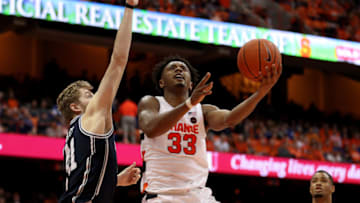 SYRACUSE, NEW YORK - FEBRUARY 01: Jack White #41 of the Duke Blue Devils guards Elijah Hughes #33 of the Syracuse Orange during the second half of an NCAA basketball game at the Carrier Dome on February 01, 2020 in Syracuse, New York. (Photo by Bryan M. Bennett/Getty Images)
