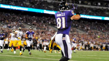 Sep 11, 2014; Baltimore, MD, USA; Baltimore Ravens tight end Owen Daniels (81) catches a touchdown in the first quarter against the Pittsburgh Steelers at M&T Bank Stadium. Mandatory Credit: Evan Habeeb-USA TODAY Sports