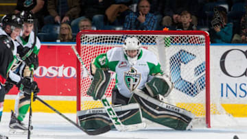 KELOWNA, BC - NOVEMBER 12: Ian Scott #33 of the Prince Albert Raiders defends the net against the Kelowna Rockets during the second period at Prospera Place on November 12, 2016 in Kelowna, Canada. (Photo by Marissa Baecker/Getty Images)