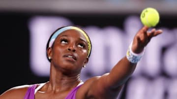 MELBOURNE, AUSTRALIA - JANUARY 20: Sloane Stephens of the United States in action during her Women's Singles first round match against Shuai Zhang of China on day one of the 2020 Australian Open at Melbourne Park on January 20, 2020 in Melbourne, Australia.(Photo by Fred Lee/Getty Images)