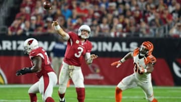 Nov 22, 2015; Glendale, AZ, USA; Arizona Cardinals quarterback Carson Palmer (3) throws a pass against the Cincinnati Bengals during the first half at University of Phoenix Stadium. Mandatory Credit: Joe Camporeale-USA TODAY Sports