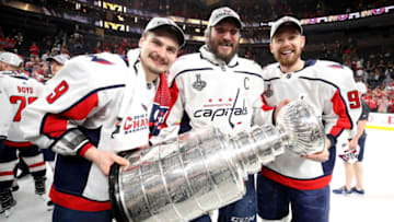 Dmitry Orlov, Alex Ovechkin, Evgeny Kuznetsov, Washington Capitals (Photo by Bruce Bennett/Getty Images)