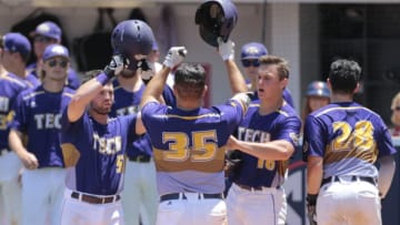 OXFORD, MS - JUNE 04: OXFORD, MS - Tennessee Tech Golden Eagles first baseman Chase Chambers (35) is met by his teammates after scoring a home run during the Tennessee Tech Golden Eagles versus Mississippi Rebels game on June 4, 2018 at Oxford-University Stadium, Oxford, MS. (Photo by Bobby McDuffie/Icon Sportswire via Getty Images)