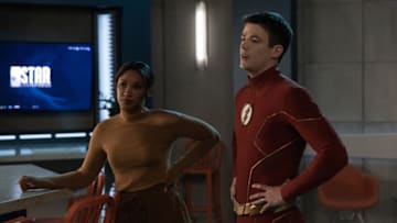 The Flash -- "Armageddon, Part 5" -- Image Number: FLA805a_0204r.jpg -- Pictured (L-R): Candice Patton as Iris West-Allen and Grant Gustin as Barry Allen/The Flash -- Photo: Jack Rowand/The CW -- © 2021 The CW Network, LLC. All Rights Reserved