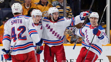 NASHVILLE, TN - DECEMBER 29: Jesper Fast #17 and Mika Zibanejad #93 of the New York Rangers celebrate a goal against the Nashville Predators at Bridgestone Arena on December 29, 2018 in Nashville, Tennessee. (Photo by John Russell/NHLI via Getty Images)