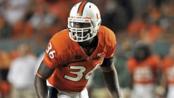 Aug 30, 2013; Miami Gardens, FL, USA; Miami Hurricanes linebacker Alex Figueroa (36) lines up for the play during the second half against the Florida Atlantic Owls at Sun Life Stadium. Mandatory Credit: Steve Mitchell-USA TODAY Sports