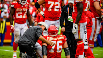 KANSAS CITY, MO - OCTOBER 7: Laurent Duvernay-Tardif #76 of the Kansas City Chiefs is injured on a play during the fourth quarter of the game against the Jacksonville Jaguars at Arrowhead Stadium on October 7, 2018 in Kansas City, Missouri. (Photo by Peter Aiken/Getty Images)
