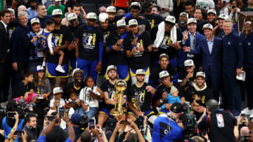 BOSTON, MASSACHUSETTS - JUNE 16: The Golden State Warriors pose for a photo after defeating the Boston Celtics 103-90 in Game Six to win the 2022 NBA Finals at TD Garden on June 16, 2022 in Boston, Massachusetts. NOTE TO USER: User expressly acknowledges and agrees that, by downloading and/or using this photograph, User is consenting to the terms and conditions of the Getty Images License Agreement. (Photo by Adam Glanzman/Getty Images)