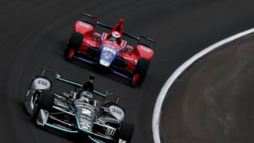 FORT WORTH, TX - JUNE 09: Josef Newgarden, driver of the #2 hum by Verizon Team Penske Chevrolet, and Alexander Rossi, driver of the #98 Andretti Autosport/Curb Honda, practice for the Verizon IndyCar Series Rainguard Water Sealers 600 at Texas Motor Speedway on June 9, 2017 in Fort Worth, Texas. (Photo by Sarah Crabill/Getty Images)
