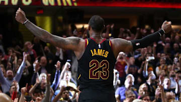 CLEVELAND, OH - MAY 05: LeBron James #23 of the Cleveland Cavaliers celebrates after hitting the game winning shot to beat the Toronto Raptors 105-103 in Game Three of the Eastern Conference Semifinals during the 2018 NBA Playoffs at Quicken Loans Arena on May 5, 2018 in Cleveland, Ohio. NOTE TO USER: User expressly acknowledges and agrees that, by downloading and or using this photograph, User is consenting to the terms and conditions of the Getty Images License Agreement. (Photo by Gregory Shamus/Getty Images)