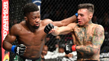 LAS VEGAS, NEVADA - JANUARY 18: (R-L) Andre Fili trades punches with Sodiq Yusuff of Nigeria in their featherweight fight during the UFC 246 event at T-Mobile Arena on January 18, 2020 in Las Vegas, Nevada. (Photo by Jeff Bottari/Zuffa LLC via Getty Images)