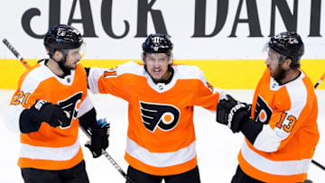 Scott Laughton, Travis Konecny, and Kevin Hayes, Philadelphia Flyers (Photo by Andre Ringuette/Freestyle Photo/Getty Images)