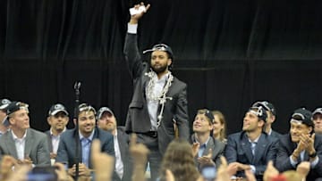 CHAPEL HILL, NC- APRIL 4: Joel Berry II of the North Carolina Tar Heels reacts to cheers during their welcome-home reception for the NCAA men's basketball team on April 4, 2017 in Chapel Hill, North Carolina. The Tar Heels defeated the Gonzaga Bulldogs 71-65 yesterday to win the national championship. (Photo by Sara D. Davis/Getty Images)