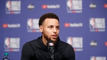 TORONTO, CANADA - MAY 29: Stephen Curry #30 of the Golden State Warriors answers questions during NBA Finals - Practice and Media Availability on May 29, 2019 at Scotiabank Arena in Toronto, Ontario, Canada. NOTE TO USER: User expressly acknowledges and agrees that, by downloading and/or using this photograph, user is consenting to the terms and conditions of the Getty Images License Agreement. Mandatory Copyright Notice: Copyright 2019 NBAE (Photo by Mark Blinch/NBAE via Getty Images)