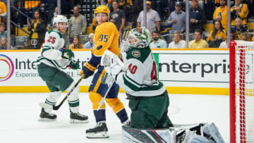 NASHVILLE, TN - OCTOBER 3: Devan Dubnyk #40 of the Minnesota Wild makes the save against Matt Duchene #95 of the Nashville Predators at Bridgestone Arena on October 3, 2019 in Nashville, Tennessee. (Photo by John Russell/NHLI via Getty Images)