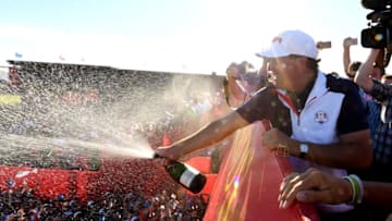 Oct 2, 2016; Chaska, MN, USA; Phil Mickelson of the United States celebrate winning the Ryder Cup during the single matches in 41st Ryder Cup Hazeltine National Golf Club. Mandatory Credit: John David Mercer-USA TODAY Sports