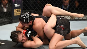 MEXICO CITY, MEXICO - SEPTEMBER 21: (R-L) Carla Esparza elbows Alexa Grasso of Mexico in their women's strawweight bout during the UFC Fight Night event on September 21, 2019 in Mexico City, Mexico. (Photo by Josh Hedges/Zuffa LLC/Zuffa LLC via Getty Images)