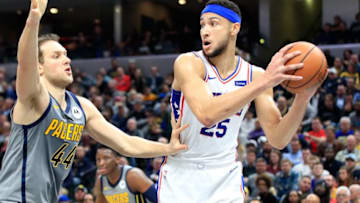 INDIANAPOLIS, IN - JANUARY 17: Ben Simmons #25 of the Philadelphia 76ers looks to pass the ball against the Indiana Pacers at Bankers Life Fieldhouse on January 17, 2019 in Indianapolis, Indiana. NOTE TO USER: User expressly acknowledges and agrees that, by downloading and or using this photograph, User is consenting to the terms and conditions of the Getty Images License Agreement. (Photo by Andy Lyons/Getty Images)