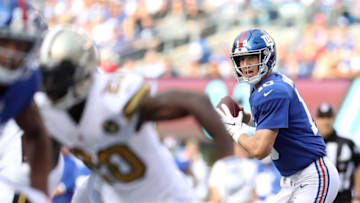EAST RUTHERFORD, NJ - SEPTEMBER 30: Eli Manning #10 of the New York Giants looks to pass during the first quarter against the New Orleans Saints at MetLife Stadium on September 30, 2018 in East Rutherford, New Jersey. (Photo by Elsa/Getty Images)