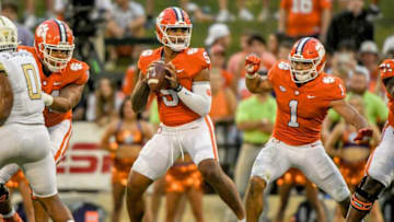 Clemson quarterback D.J. Uiagalelei (5) passes during the third quarter in Clemson, S.C., September 18, 2021.Ncaa Football Georgia Tech At Clemson