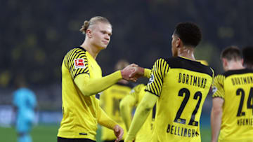 Erling Haaland celebrates with Jude Bellingham after scoring. (Photo by Dean Mouhtaropoulos/Getty Images)