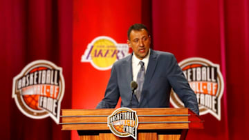 SPRINGFIELD, MASSACHUSETTS - SEPTEMBER 06: Enshrinee Vlade Divac gives his enshrinement speech during the 2019 Basketball Hall of Fame Enshrinement Ceremony at Symphony Hall on September 06, 2019 in Springfield, Massachusetts. (Photo by Omar Rawlings/Getty Images)