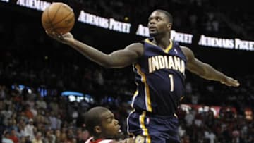 Apr 24, 2014; Atlanta, GA, USA; Indiana Pacers guard Lance Stephenson (1) shoots the ball against the Atlanta Hawks in the fourth quarter in game three of the first round of the 2014 NBA Playoffs at Philips Arena. The Hawks defeated the Pacers 98-85. Mandatory Credit: Brett Davis-USA TODAY Sports