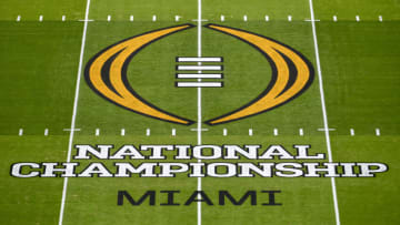 MIAMI GARDENS, FLORIDA - JANUARY 11: A general view of the CPF National Championship midfield logo before the College Football Playoff National Championship football game between the Alabama Crimson Tide and the Ohio State Buckeyes at Hard Rock Stadium on January 11, 2021 in Miami Gardens, Florida. (Photo by Alika Jenner/Getty Images)