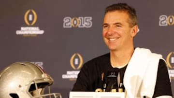 Jan 12, 2015; Arlington, TX, USA; Ohio State Buckeyes head coach Urban Meyer speaks during a press conference after beating the Oregon Ducks in the 2015 CFP National Championship Game at AT&T Stadium. Mandatory Credit: Tim Heitman-USA TODAY Sports