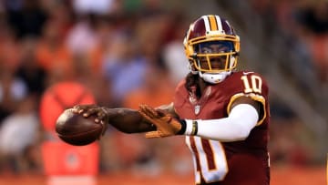 Aug 13, 2015; Cleveland, OH, USA; Washington Redskins quarterback Robert Griffin III (10) in a preseason NFL football game against the Cleveland Browns at FirstEnergy Stadium. Mandatory Credit: Andrew Weber-USA TODAY Sports