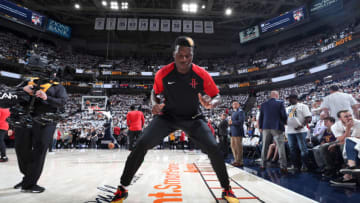 SALT LAKE CITY, UT - APRIL 22: Clint Capela #15 of the Houston Rockets stretches before Game Four of Round One against the Utah Jazz during the 2019 NBA Playoffs on April 22, 2019 at vivint.SmartHome Arena in Salt Lake City, Utah. NOTE TO USER: User expressly acknowledges and agrees that, by downloading and/or using this photograph, user is consenting to the terms and conditions of the Getty Images License Agreement. Mandatory Copyright Notice: Copyright 2019 NBAE (Photo by Melissa Majchrzak/NBAE via Getty Images)