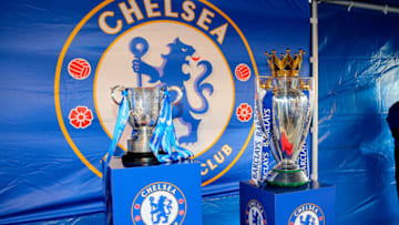 22 JUL 2015: The Capital One Cup and the Premier League Trophy on display outside the International Champions Cup Game between the New York Red Bulls and Chelsea played at Red Bull Arena in Harrison,NJ. (Photo by Rich Graessle/Icon Sportswire/Corbis via Getty Images)