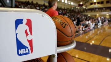 Oct 9, 2014; Lithonia, GA, USA; The NBA logo is shown with basketballs as the Atlanta Hawks conduct an open practice at Miller Grove High School. Mandatory Credit: Jason Getz-USA TODAY Sports