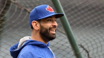 Oct 13, 2016; Cleveland, OH, USA; Toronto Blue Jays right fielder Jose Bautista works out one day prior to game one of the ALCS at Progressive Field. Mandatory Credit: Ken Blaze-USA TODAY Sports