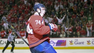 WASHINGTON, DC - DECEMBER 30: Washington Capitals defenseman John Carlson (74) celebrates his second period goal against the New Jersey Devils on December 30, 2017, at the Capital One Arena in Washington, D.C. (Photo by Mark Goldman/Icon Sportswire via Getty Images)