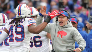 BUFFALO, NY - NOVEMBER 25: Head coach Sean McDermott of the Buffalo Bills congratulates Tremaine Edmunds #49 after the defense stopped the Jacksonville Jaguars culminating on a missed field goal in the third quarter during NFL game action at New Era Field on November 25, 2018 in Buffalo, New York. (Photo by Tom Szczerbowski/Getty Images)