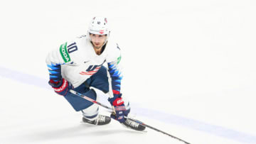 RIGA, LATVIA - MAY 22: Matty Beniers #10 of the United States during the 2021 IIHF Ice Hockey World Championship group stage game between Finland and United States at Arena Riga on May 22, 2021 in Riga, Latvia. (Photo by EyesWideOpen/Getty Images)