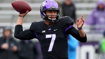 FORT WORTH, TX - DECEMBER 03: Kenny Hill #7 of the TCU Horned Frogs looks for an open receiver against the Kansas State Wildcats at Amon G. Carter Stadium on December 3, 2016 in Fort Worth, Texas. (Photo by Tom Pennington/Getty Images)