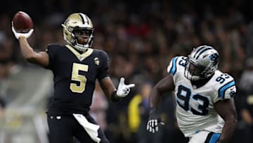 NEW ORLEANS, LOUISIANA - DECEMBER 30: Teddy Bridgewater #5 of the New Orleans Saints throws a pass against the Carolina Panthers during the first half at the Mercedes-Benz Superdome on December 30, 2018 in New Orleans, Louisiana. (Photo by Chris Graythen/Getty Images)