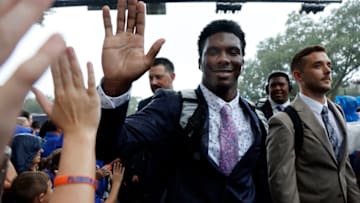 Sep 3, 2022; Gainesville, Florida, USA; Florida Gators linebacker Shemar James (6) arrives to the stadium during the gator walk before the game against the Utah Utes at Ben Hill Griffin Stadium at Steve Spurrier-Florida Field. Mandatory Credit: Kim Klement-USA TODAY Sports
