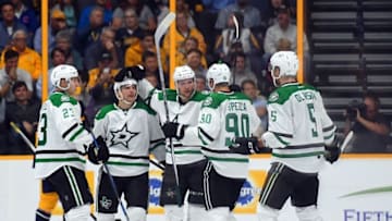 Oct 18, 2016; Nashville, TN, USA; Dallas Stars center Jason Spezza (90) celebrates with teammates after scoring a goal during the third period against the Nashville Predators at Bridgestone Arena. Mandatory Credit: Christopher Hanewinckel-USA TODAY Sports