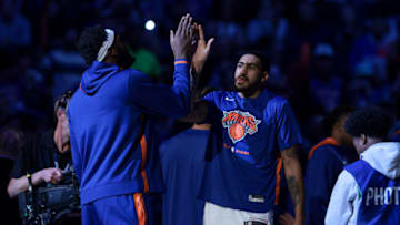 Apr 2, 2023; New York, New York, USA; New York Knicks forward Obi Toppin (1) slaps hands with center Mitchell Robinson (23) during introductions before the game against the Washington Wizards at Madison Square Garden. Mandatory Credit: Vincent Carchietta-USA TODAY Sports