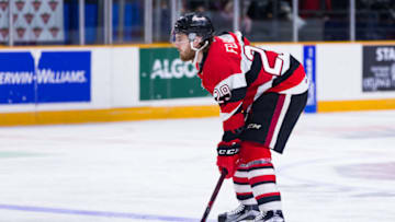 OTTAWA, ON - MARCH 04: Ottawa 67's Forward Tye Felhaber (29) prepares for a face-off during Ontario Hockey League action between the London Knights and Ottawa 67's on March 4, 2018, at TD Place Arena in Ottawa, ON, Canada. (Photo by Richard A. Whittaker/Icon Sportswire via Getty Images)