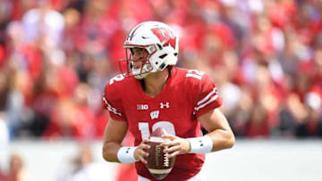 MADISON, WI - SEPTEMBER 08: Alex Hornibrook #12 of the Wisconsin Badgers looks to pass during the second half of a game against the New Mexico Lobos at Camp Randall Stadium on September 8, 2018 in Madison, Wisconsin. (Photo by Stacy Revere/Getty Images)